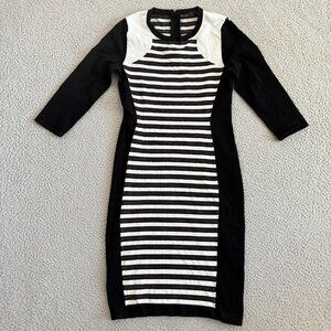 Karen Millen Dress Black White‎ Stripe Bodycon Knit Midi Stretch